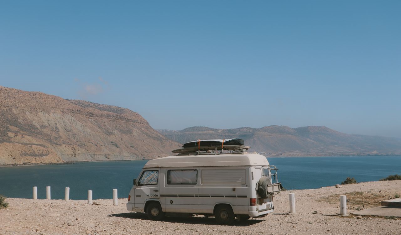 A van parked on the coast at Imsouane on the Taghazout to Agadir road, Morocco