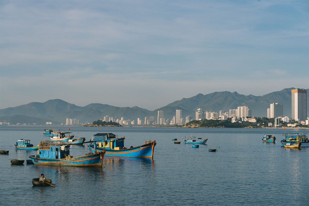 Fishing boats in a sheltered bay on the Moroccan coast, like Imsouane's harbour