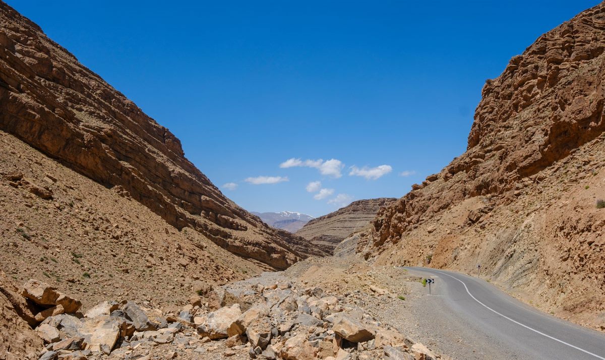 The road from Agadir to Marrakech winding through the Moroccan hills and Argana valley